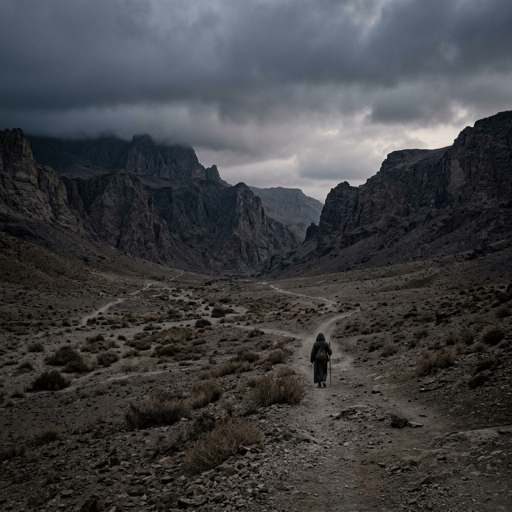 Lone hiker walking through a rocky mountain valley under storm clouds
