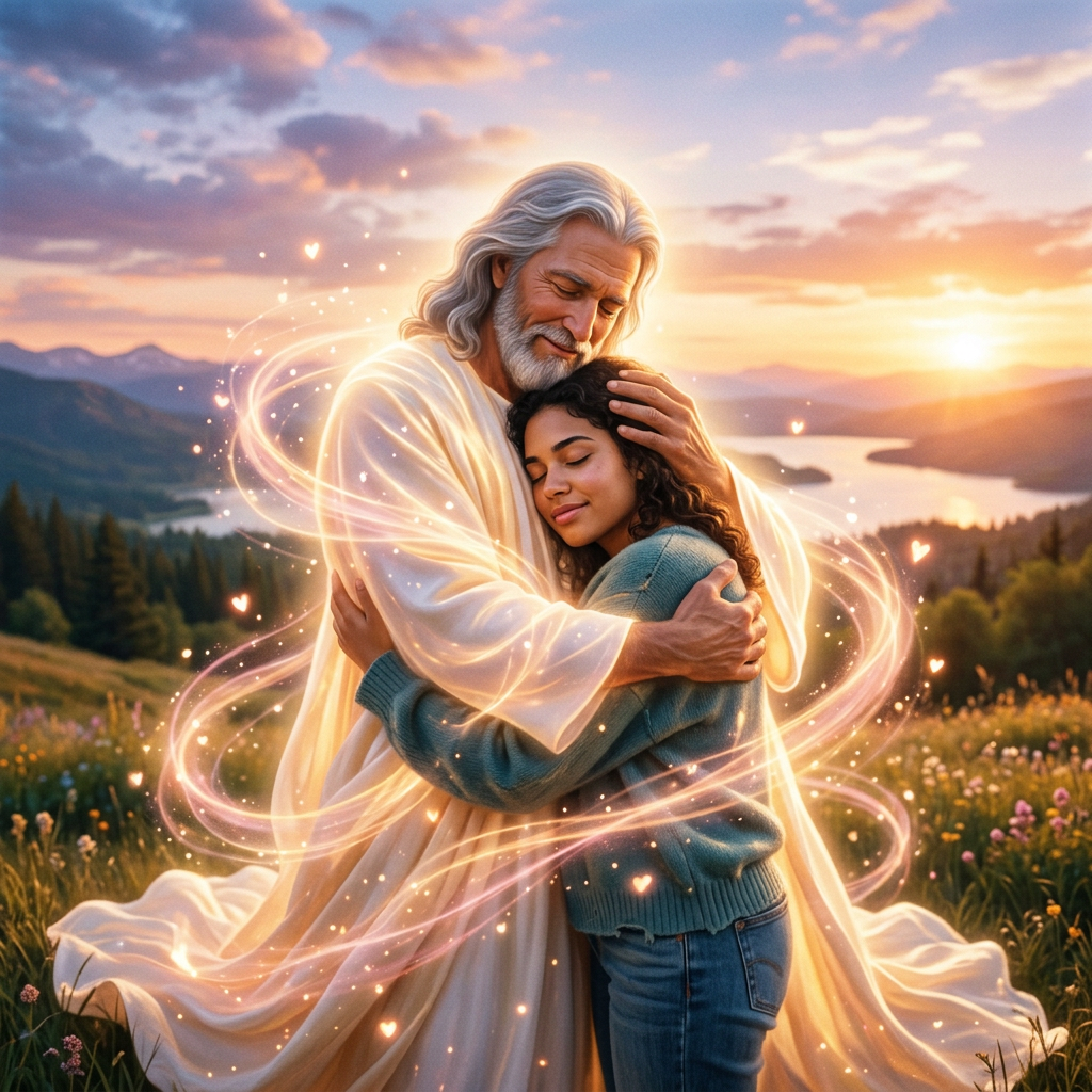 Older man embracing a young woman in a flower-filled meadow at sunset
