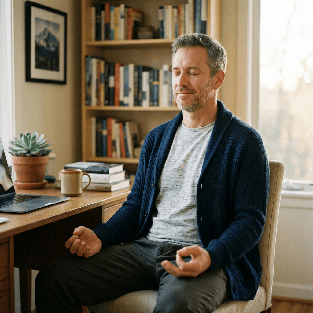 Relaxed man meditating at a desk